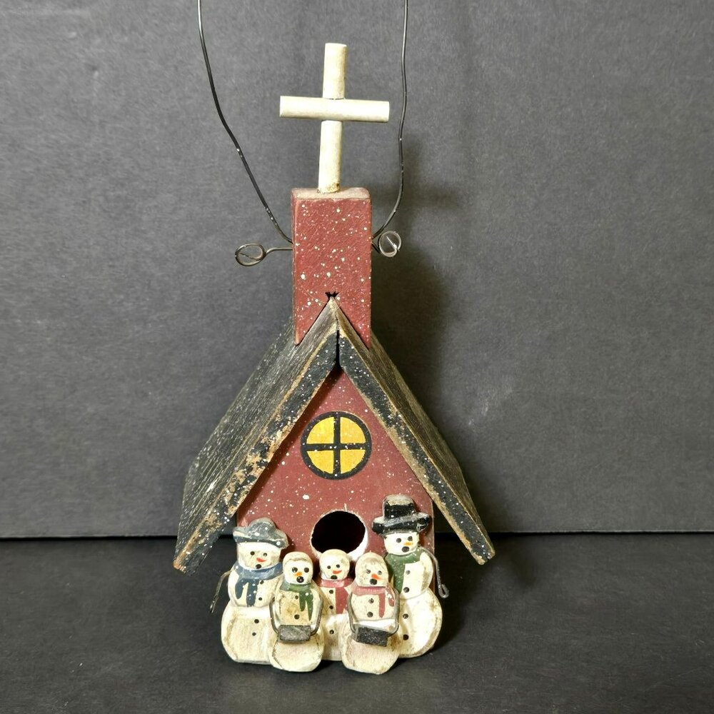 Vintage Primitive Rustic Wood Birdhouse Church Ornament Snowman Family Carolers